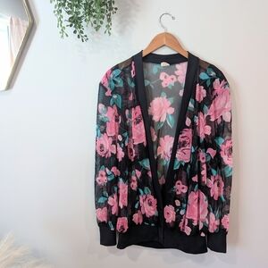 Gottex Floral Bomber Jacket Black and Pink Size Medium